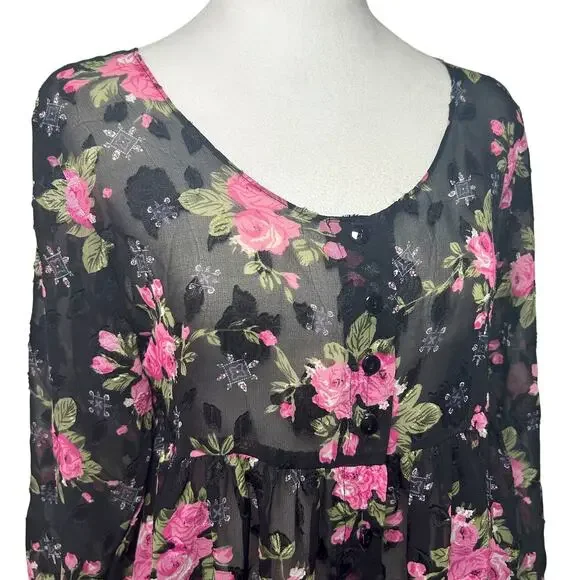 Contempo Casual 90s Floral Sheer Babydoll Fairy Whimsygoth Grunge L/S MEDIUM - Picture 6 of 11